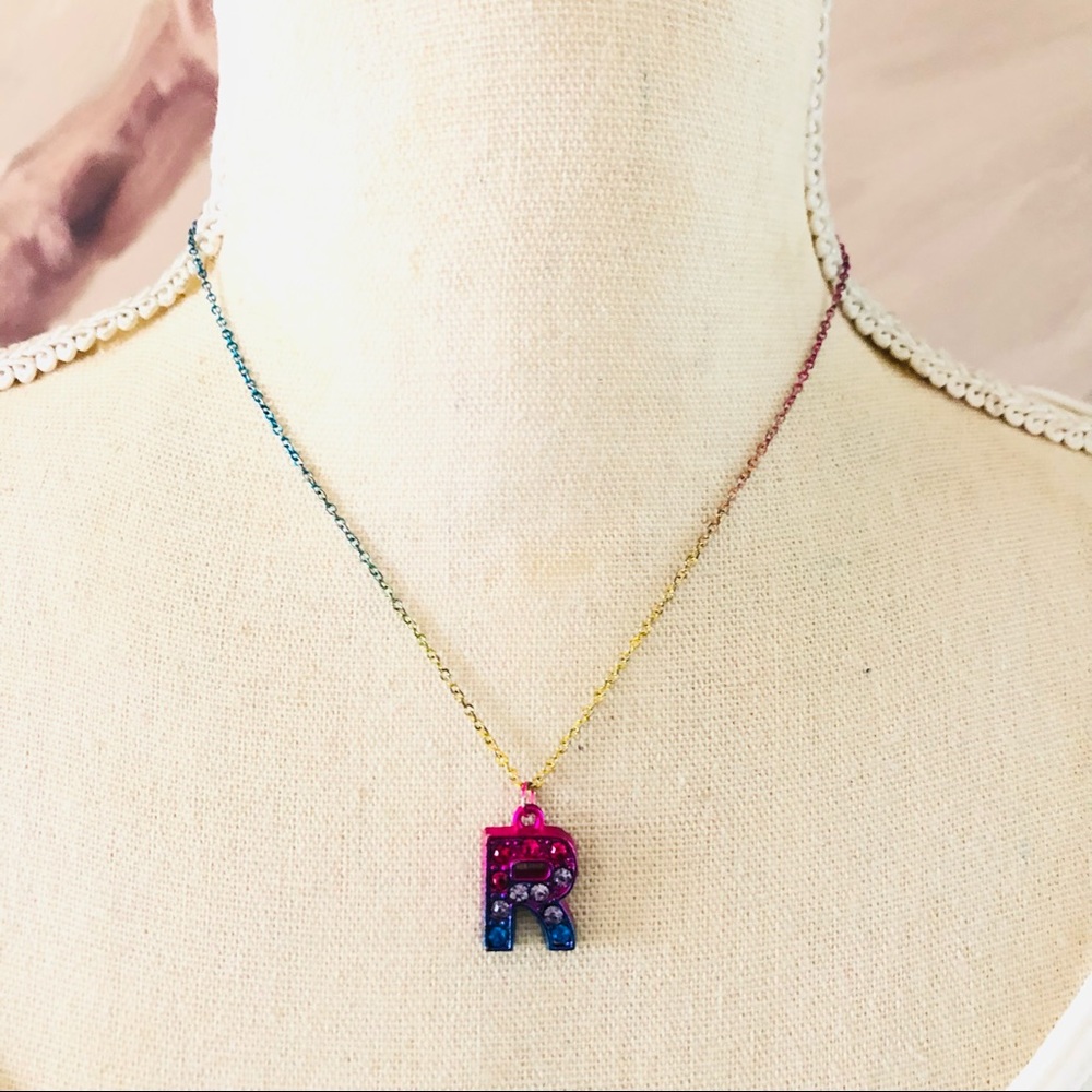 Rainbow monogram initial “R” pendant on chain necklace